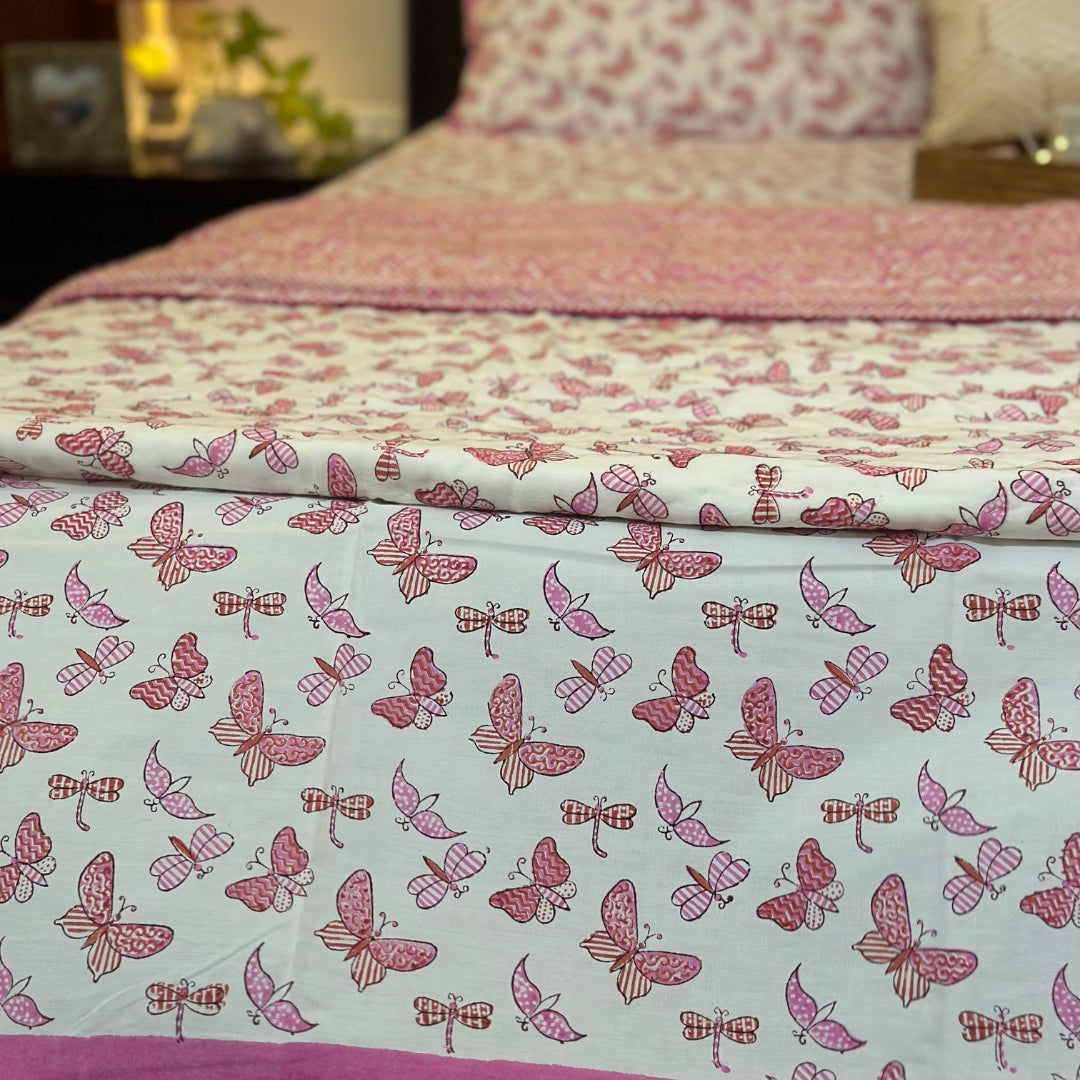 Pink Flying Butterfly Double Bedsheet