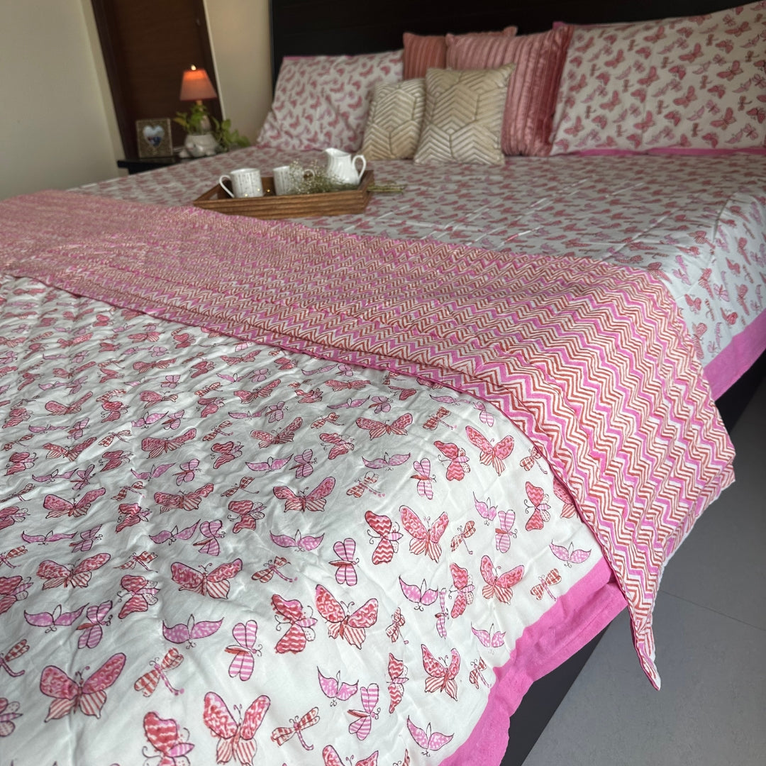 Pink Flying Butterfly Double Bedsheet