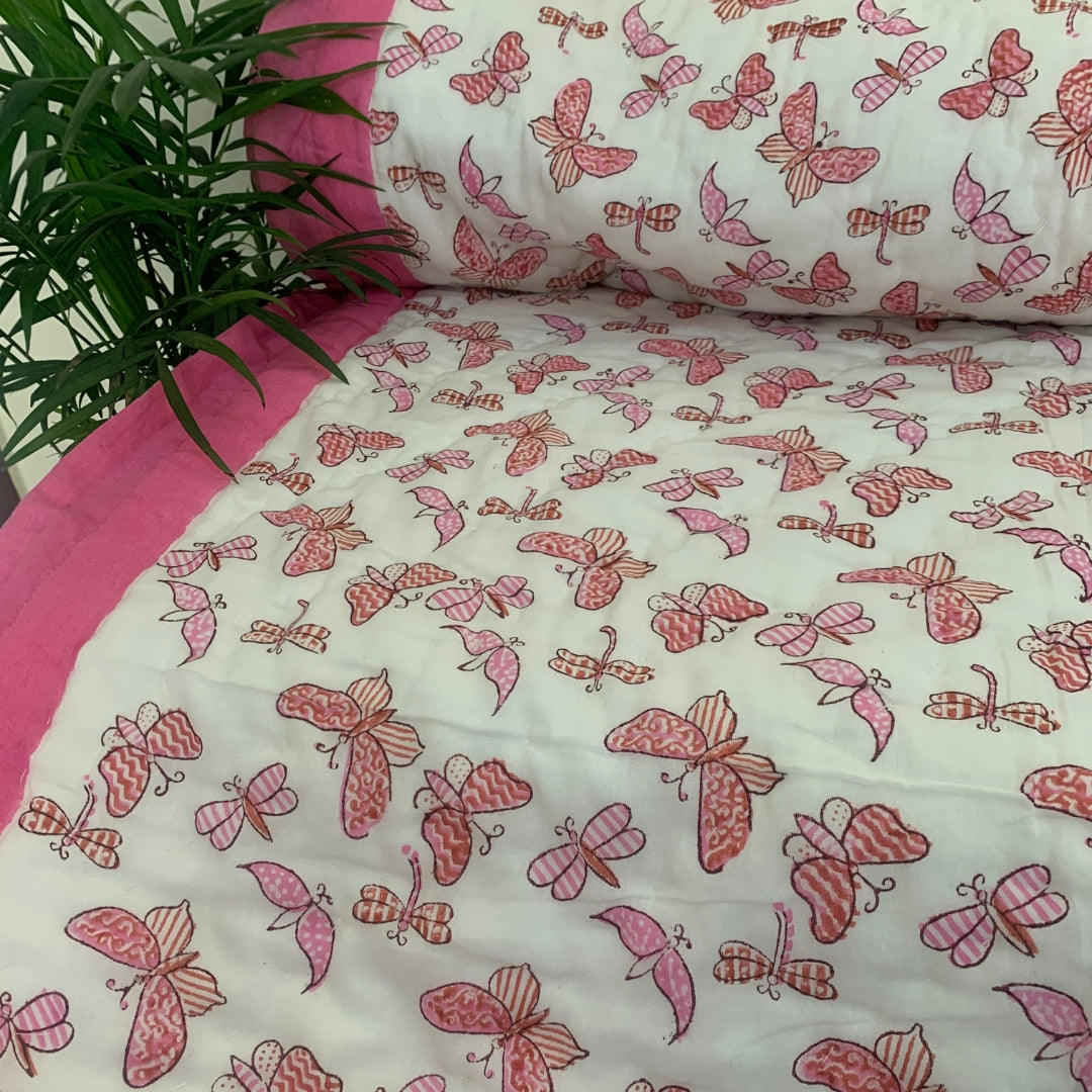 Pink Flying Butterfly Single Quilt