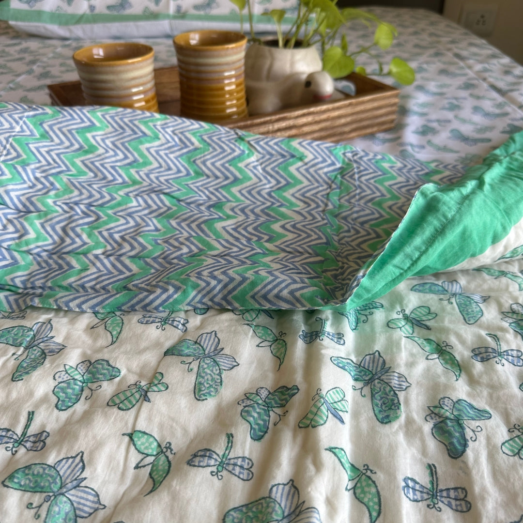 Green Flying Butterfly Single Quilt