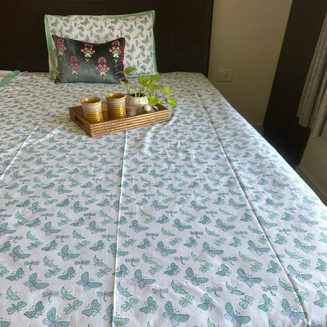 Green Flying Butterfly Double Bedsheet