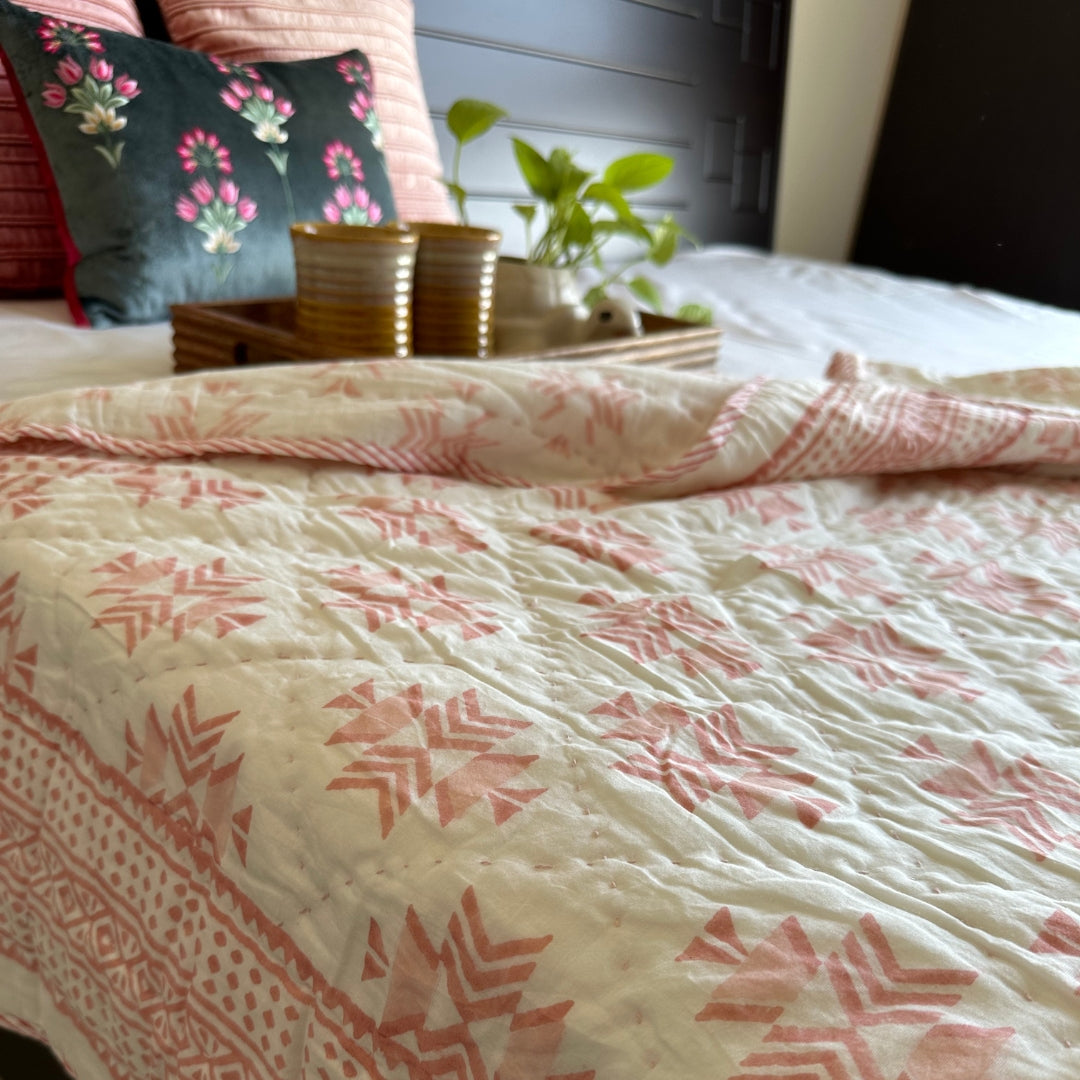 Pink Geometric Kantha Single Quilt