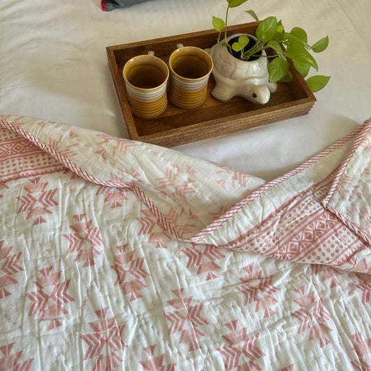 Pink Geometric Kantha Single Quilt