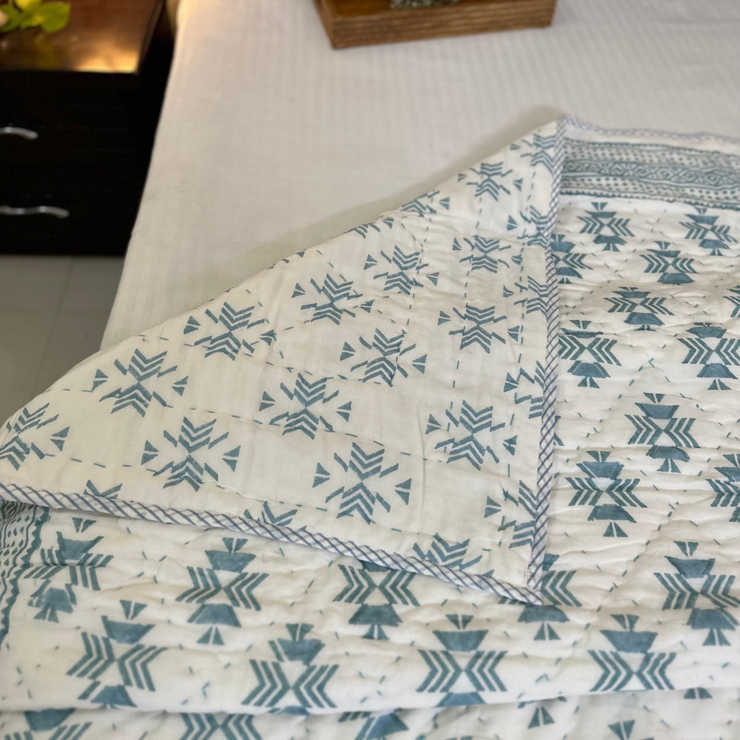 Blue Geometric Kantha Double Quilt