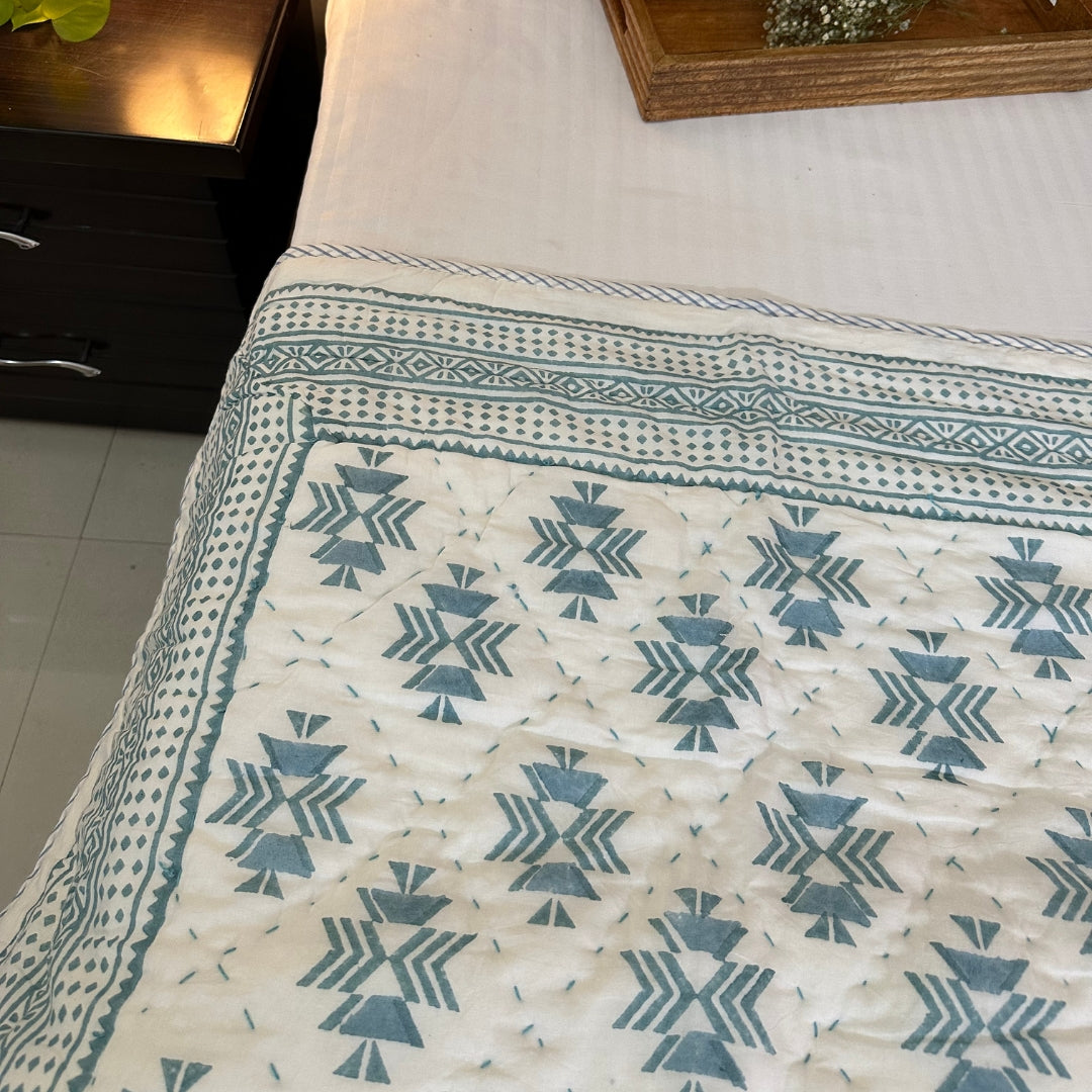 Blue Geometric Kantha Double Quilt