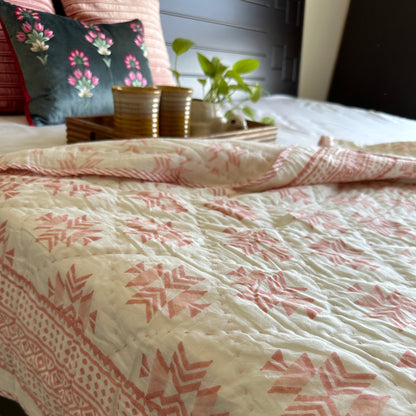 Pink Geometric Kantha Single Quilt