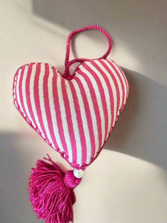 Handmade Heart Hanging- Striped Pink